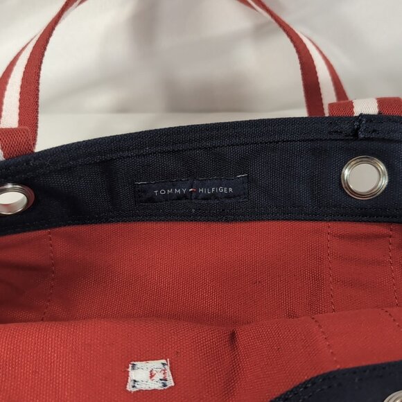Tommy Hilfiger Tote Bag Matching Pouch Set Red Navy Blue Stripe Straps Large - Picture 5 of 13